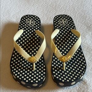 Tory Burch Navy and Cream Polka Dot wedge flip flops Sandals